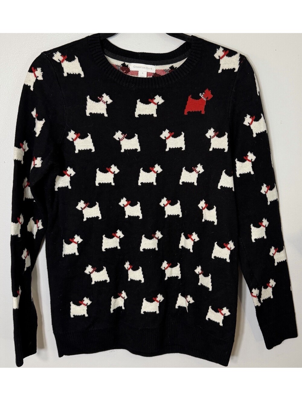 Charter Club Women Large Black Scottie Dog Sweater Rhinestone Bow Knit Holiday